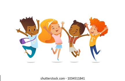 Joyous school friends happily jumping with their hands up against purple background. Concept of true friendship and friendly meeting. Vector illustration for website banner, poster, flyer, invitation.