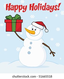 Joyous Snowman Holding A Christmas Present In The Snow