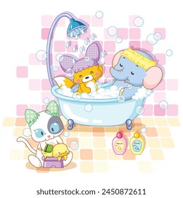 Celebración del Día de Verano Alegre: Animales de dibujos animados lindos de Kawaii - Zorro, pollo, gato, elefante disfrutando de un baño de ducha - Ilustración vectorial aislada sobre fondo blanco