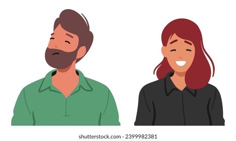 Joyous Woman Radiates Happiness With A Bright Smile, and Offended Man Expressing Displeasure and Resentment. Male and Female Characters Facial Expressions. Cartoon People Vector Illustration