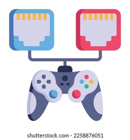 joypad connect with ethernet ports, flat icon of LAN gaming 