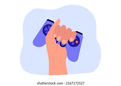 Joypad o gamepad en la ilustración vectorial plana de las manos humanas. Hombre jugando consola o videojuegos en línea. Entretenimiento, juegos, concepto de competencia para banner, diseño de sitios web o página web de aterrizaje