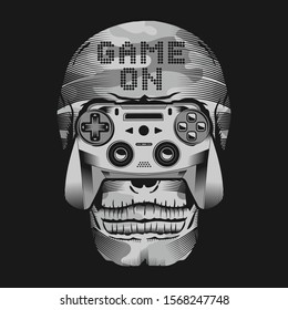 Joypad and skull illustration, tee shirt graphics, vectors, game on typography