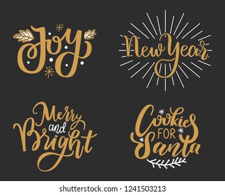 Joys, New Year, Merry and bright, cookies for Santa festive greetings, calligraphic prints with winter season wishes. Xmas, lettering postcards on black