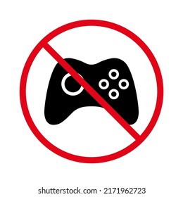 Joystick Ban Black Silhouette Icon. Forbidden Gamer Video Game Zone Pictogram. Prohibited Game Pad Console Red Stop Circle Symbol. No Allowed Gamepad Control Sign. Isolated Vector Illustration.