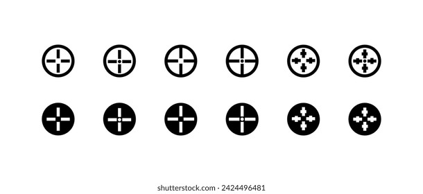 Joystick button icons. Movement button. Linear and silhouette style. Vector icons