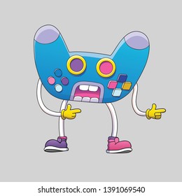 Joystick Cartoon Character. Controller Vector Illustration with Shooting Gesture. Angry Wireless Gamepad on Gray Background. 