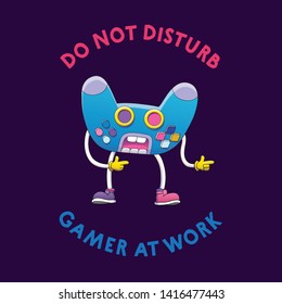 Joystick Cartoon Character. Controller Vector Illustration with Shooting Gesture. Angry Wireless Gamepad on Purple Background. 