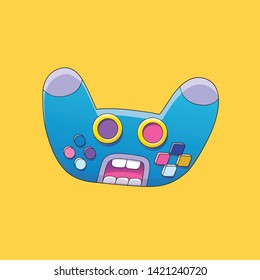 Joystick Cartoon Character Face. Controller Vector Illustration. Angry Screaming Wireless Gamepad on Yellow Background. 