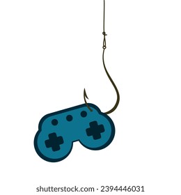 A joystick from a computer game hangs on a fishing hook.