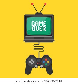 joystick control in a video game on an old TV. inscription game over on the screen. flat vector illustration