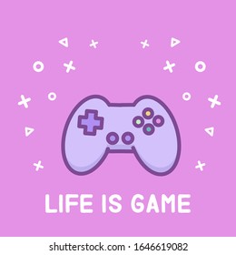 Joystick in doodle linear cartoon style on pink background with phrase text Life is Game. For Gamer girl. For poster, icon, logo, sticker, card. Vector kawaii isolated illustration