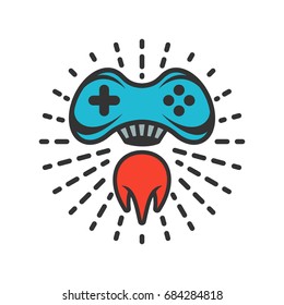 Joystick with fire illustration. Game icon. Logo design. Video game concept.  Joystick icon. Oldschool videogames related poster. Vector vintage illustration. T-shirt design