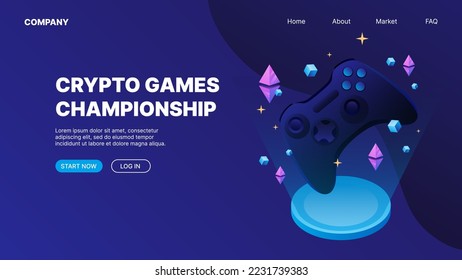 Joystick, game controller digital asset. P2E Crypto Games Landing Page Concept. Crypto games championship. Vector illustration