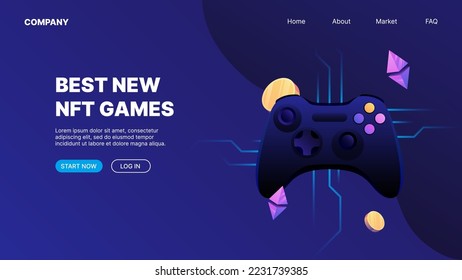 Joystick, game controller digital asset, flying coins, cryptocurrency logos. P2E Crypto Games Landing Page Concept. Best new NFT games. Vector illustration