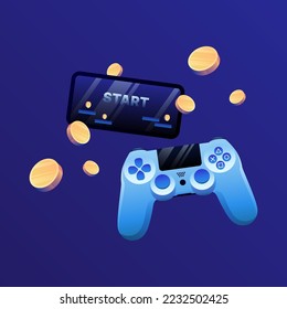 Joystick, game controller with monitor and flying coins. P2E Crypto Games Illustration. Multiplatform NFT Games. Vector illustration