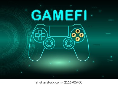 Joystick game controller on abstract green background. Btc, Eth, dollar and euro icons gold coin 3d design. GameFi glossy text. Game finance, play to earn technology design idea.