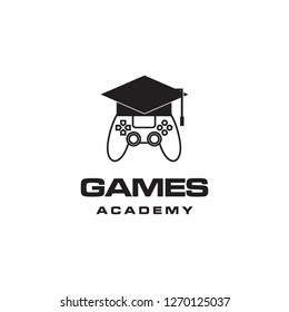 joystick game controller and school hat academy graduation logo icon vector template