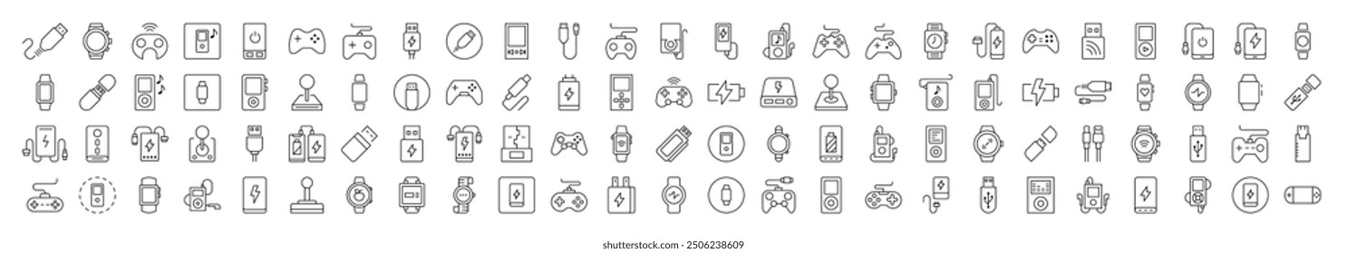 Joystick, Gamepad, Charger, Watch, Flash Card, USB Thin Icons Collection. Editable Stroke. Suitable for Web Sites, Books, Cards, Apps