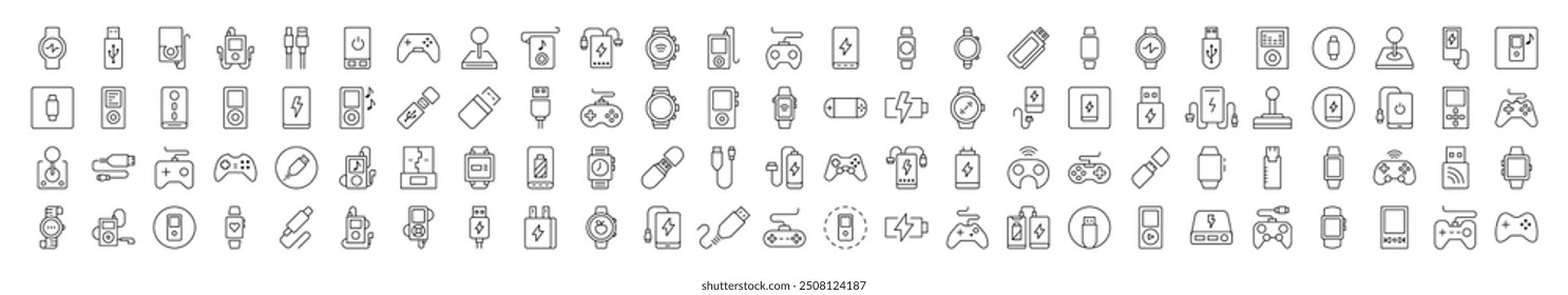 Joystick, Gamepad, Charger, Watch, Flash Card, USB Collection of Thin Icons. Editable Stroke. Suitable for Web Sites, Books, Cards, Apps