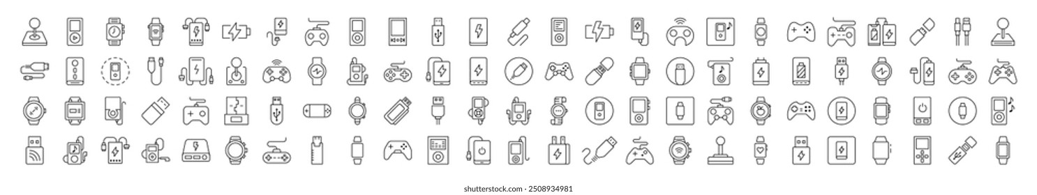 Joystick, Gamepad, Charger, Watch, Flash Card, USB Pack of Thin Icons. Editable Stroke. Suitable for Web Sites, Books, Cards, Apps 