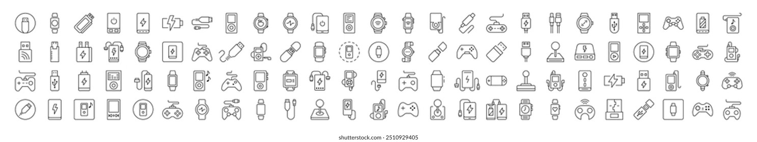 Joystick, Gamepad, Carregador, Relógio, Cartão Flash, USB Conjunto de Ícones Relacionados. Traço editável. Adequado para sites, livros, cartões, aplicativos