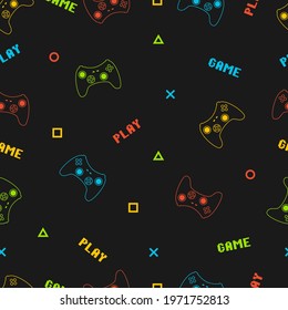 Joystick gamepad seamless pattern with pixel text. Typography graphics for t-shirt prints and other video game concept. Vector illustration.