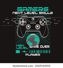 Joystick gamer illustration, tee shirt graphics, typography