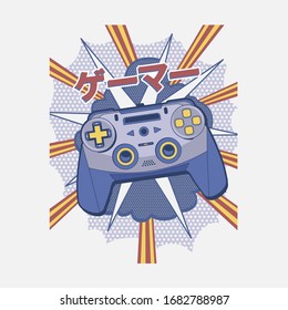 Joystick-Gamer-Typografie, Tee-Shirt-Grafik, japanische Übersetzungsgamer, Vektorillustrationen