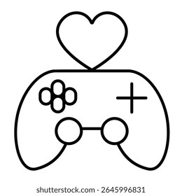 Joystick with heart shape thin line icon, black friday concept. Vector graphics. Game console controller, best gaming sign on white background, style mobile or design
