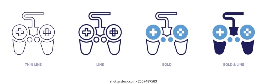 Joystick icon in 4 different styles. Thin Line, Line, Bold, and Bold Line. Duotone style. Editable stroke.