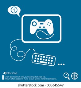 Joystick icon and flat design elements. Line icons for application development, web page coding and programming, creative process, social media, print.