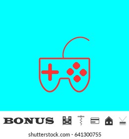 Joystick icon flat. Red pictogram on blue background. Vector illustration symbol and bonus buttons Music center, corkscrew, credit card, house, drum