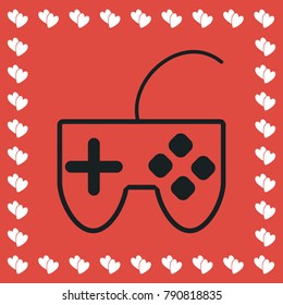 Joystick icon flat. Simple black pictogram on red background with white hearts for valentines day. Vector illustration symbol