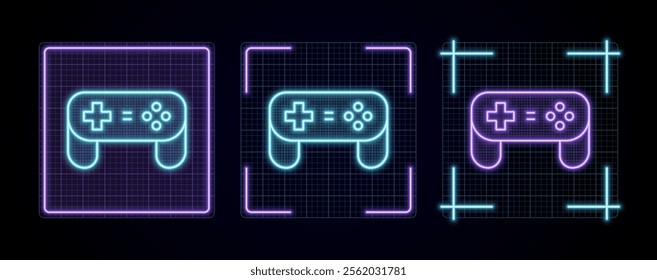 Joystick icon illustration, cyber neon visual, glowing border grid vector.