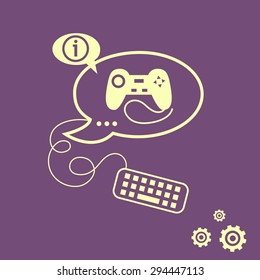 Joystick icon and keyboard design elements. Line icons for application development, web page coding and programming, creative process