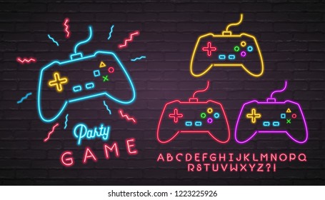 Joystick Icon Neon Light Glowing Vector Illustration with Alphabet Neon Bright Red Color