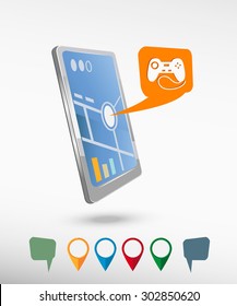 Joystick icon and perspective smartphone vector realistic. Set of bright map pointers for printing, website, presentation element and application mockup.