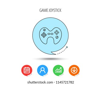 Joystick icon. Video game sign. Calendar, User and Business Chart, Download arrow icons. Speech bubbles with flat signs. Vector
