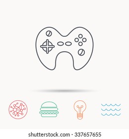 Joystick icon. Video game sign. Global connect network, ocean wave and burger icons. Lightbulb lamp symbol.