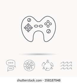Joystick icon. Video game sign. Global connect network, ocean wave and chat dialog icons. Teamwork symbol.