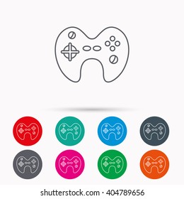 Joystick icon. Video game sign. Linear icons in circles on white background.