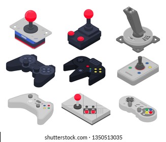 Joystick icons set. Isometric set of joystick vector icons for web design isolated on white background