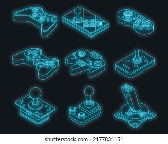 Joystick Icons Set. Isometric Set Of Joystick Vector Icons Neon On Black