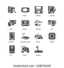 Joystick, Jack, Monitor, Chip, Console, undefined, Tablet, Database, Phone, Console icon 16 set EPS 10 vector format. Icons optimized for both large and small resolutions.