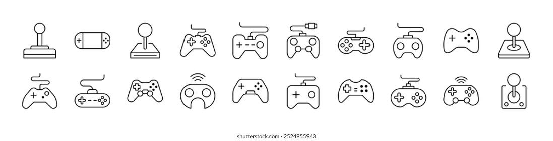 Joystick Line Icon Pack (Pacote de ícones de linha de joystick). Traço editável. Pictograma Linear Minimalista para Design de Cartões, Aplicativos, Banners, Posts