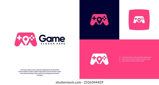 joystick logo with pin location concept, controller, vector graphic template.