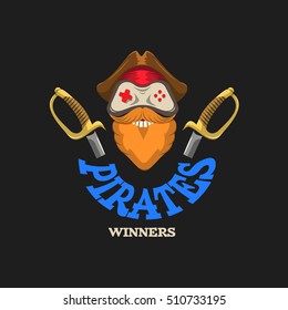 Joystick logo with a red beard and mustaches in pirate hat. Vector illustration isolated on black background