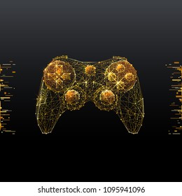 Joystick. Low poly wireframe illustration of computer games in gold style. Polygonal vector image in RGB color. Video games concept.