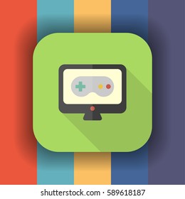 joystick and monitor flat icon with long shadow, vector illustration